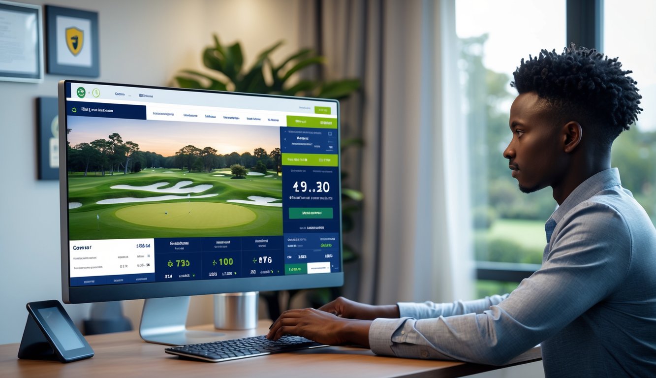 Seseorang menggunakan komputer di ruang kerja modern dengan tampilan lapangan golf dan antarmuka taruhan online yang aman dan resmi.
