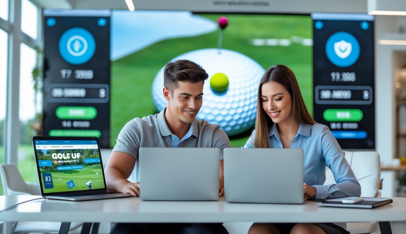 Dua orang dewasa menggunakan laptop di kantor modern dengan layar digital yang menampilkan lapangan golf dan skor langsung.