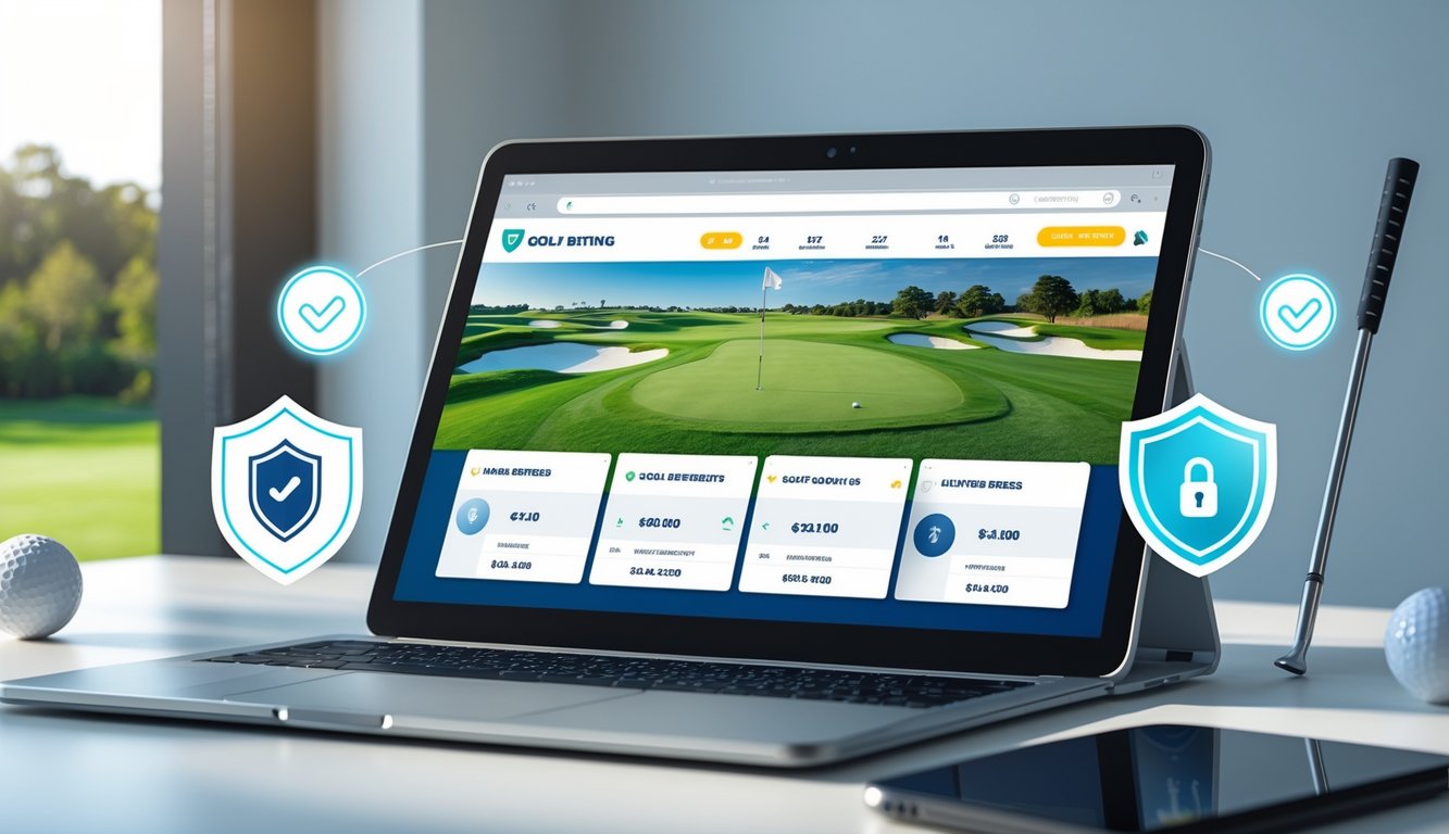Seseorang menggunakan laptop dengan tampilan situs taruhan golf online yang aman, di atas meja dengan bola golf dan stik golf.