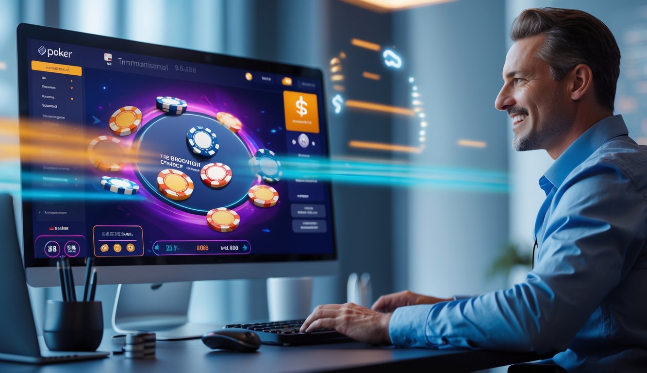 Seorang pemain dewasa sedang bermain poker online di komputer dengan suasana modern dan profesional.