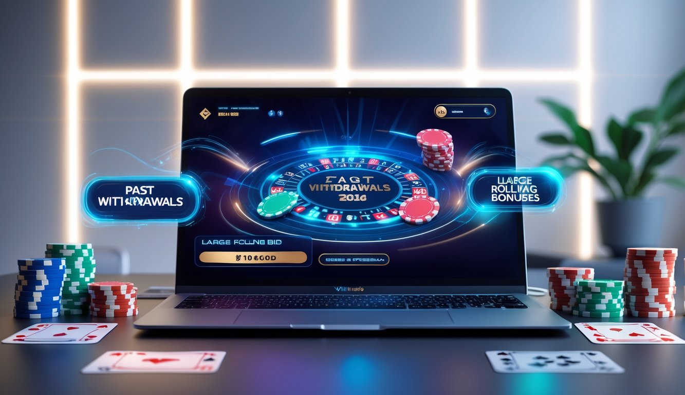 Sebuah meja kerja modern dengan komputer menampilkan permainan poker online dan chip poker di sekitarnya.