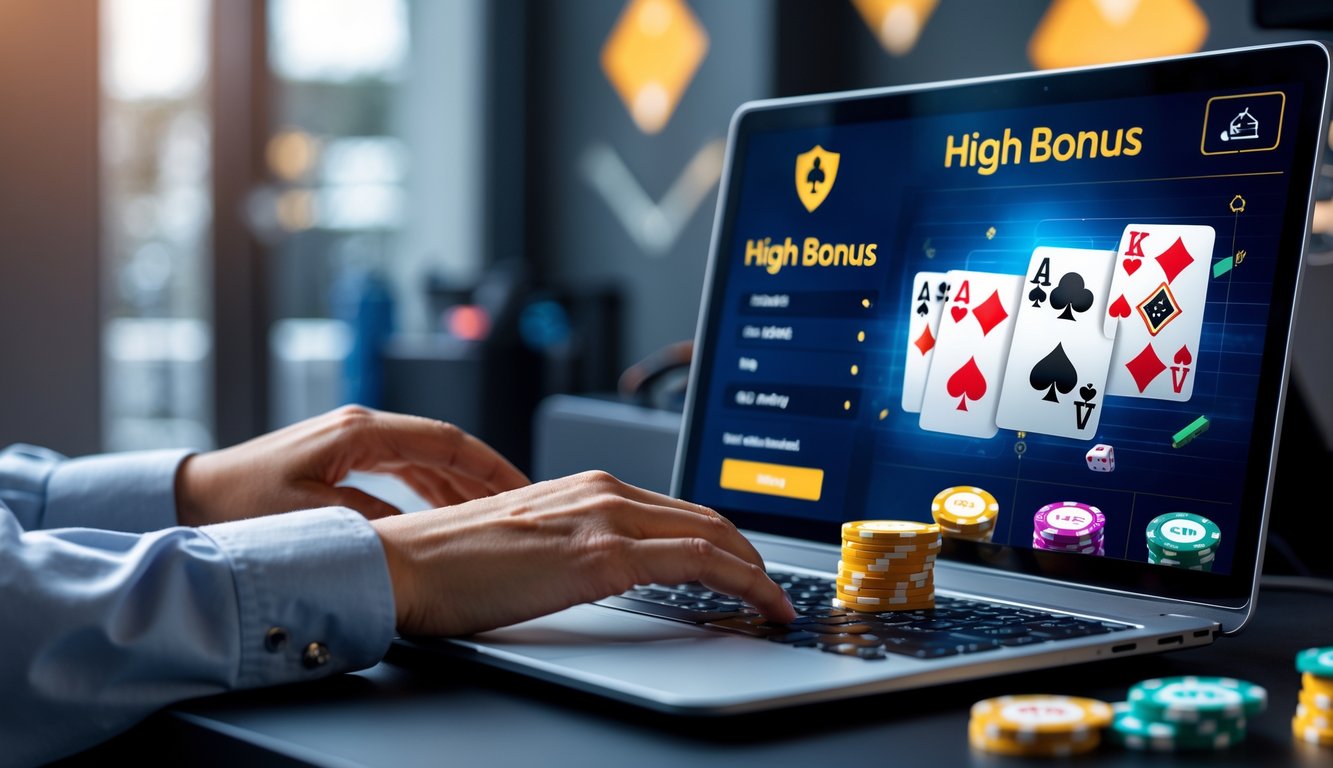 Seseorang menggunakan laptop dengan tampilan permainan poker online dan chip poker di meja, menunjukkan suasana bermain poker online yang aman dan menguntungkan untuk pemula.
