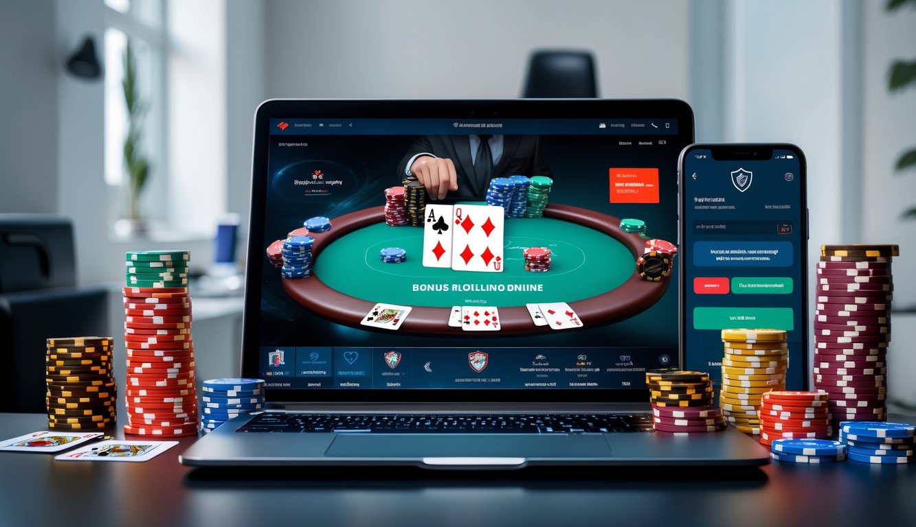 Sebuah laptop menampilkan permainan poker online dengan tumpukan chip poker dan smartphone di meja, menggambarkan suasana bermain poker online yang aman dan menarik.