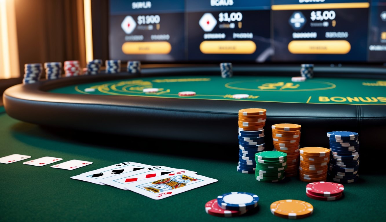 Meja poker dengan tumpukan chip dan kartu, suasana hangat dengan pencahayaan lembut dan layar digital di latar belakang.