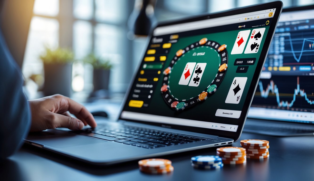 Seorang pengguna bermain poker online di depan laptop di ruang kerja modern dengan suasana profesional.