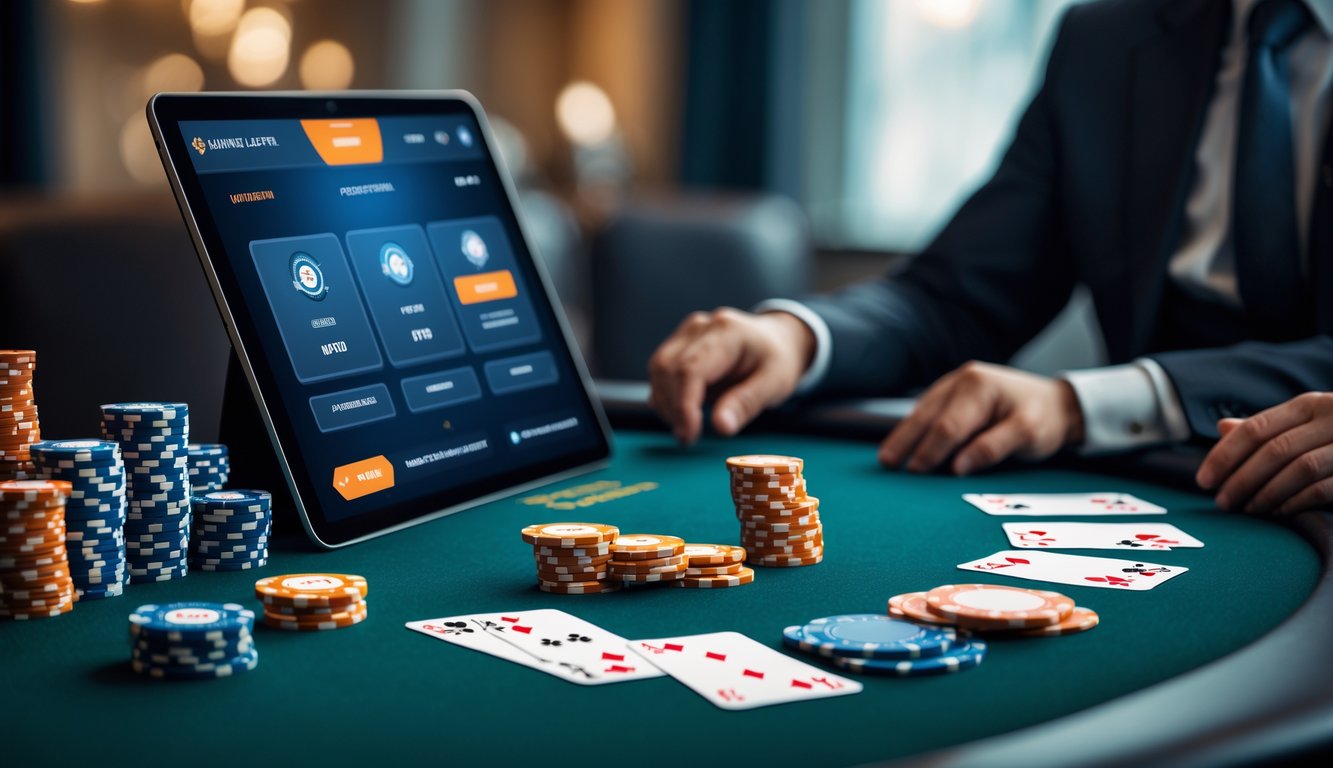 Meja poker modern dengan chip, kartu, dan perangkat digital menampilkan permainan poker online.