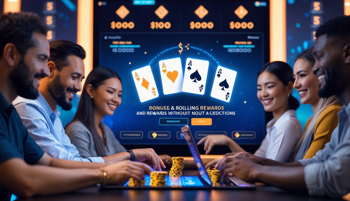 Sekelompok orang bermain poker online dengan kartu dan chip di layar digital, menunjukkan suasana permainan yang menyenangkan dan interaktif.