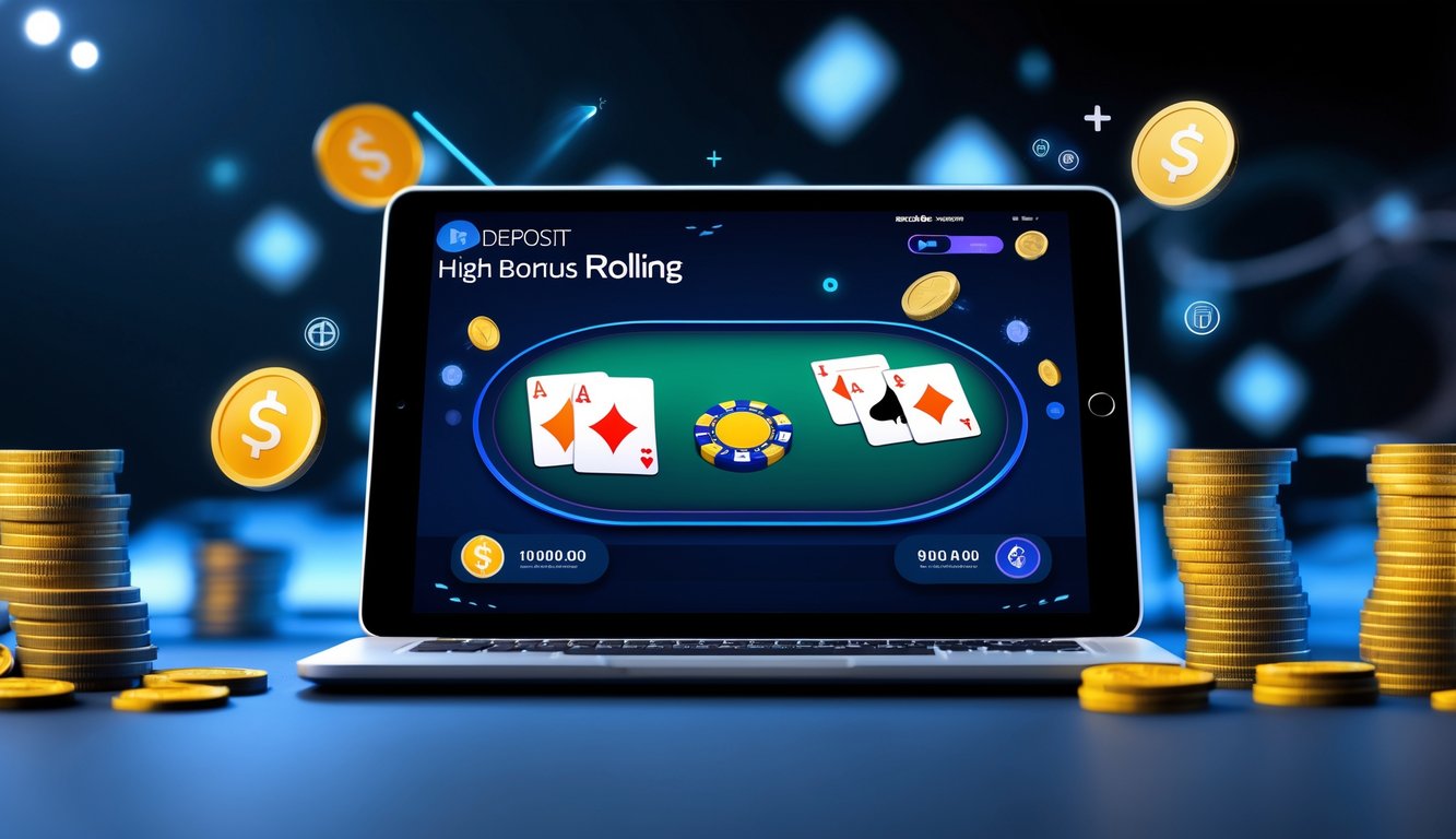 Seseorang sedang bermain poker online dengan layar perangkat menampilkan kartu dan chip poker dalam suasana permainan yang profesional dan modern.
