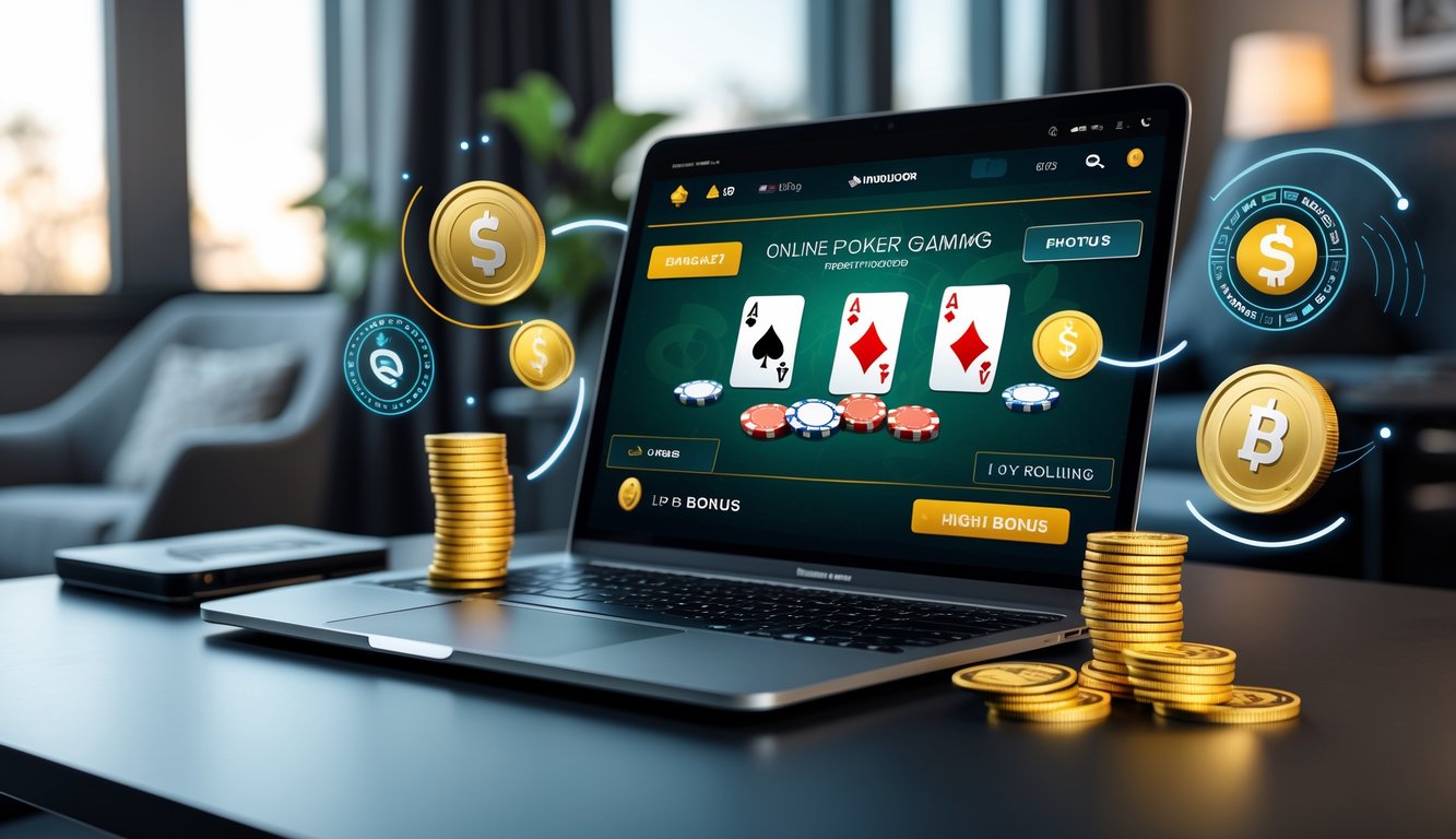 Seseorang bermain poker online di laptop dengan tumpukan chip dan kartu di layar, di meja yang rapi di ruang santai.