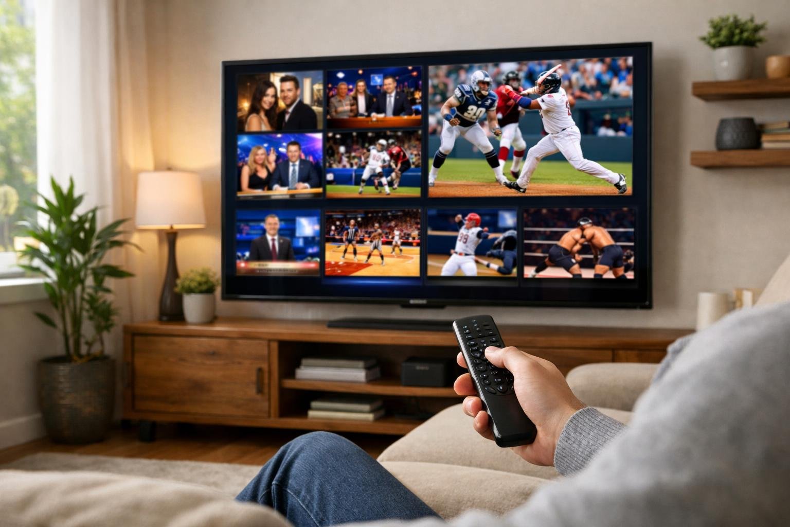 A person holding a remote control watching a large TV screen displaying live American TV channels in a modern living room.