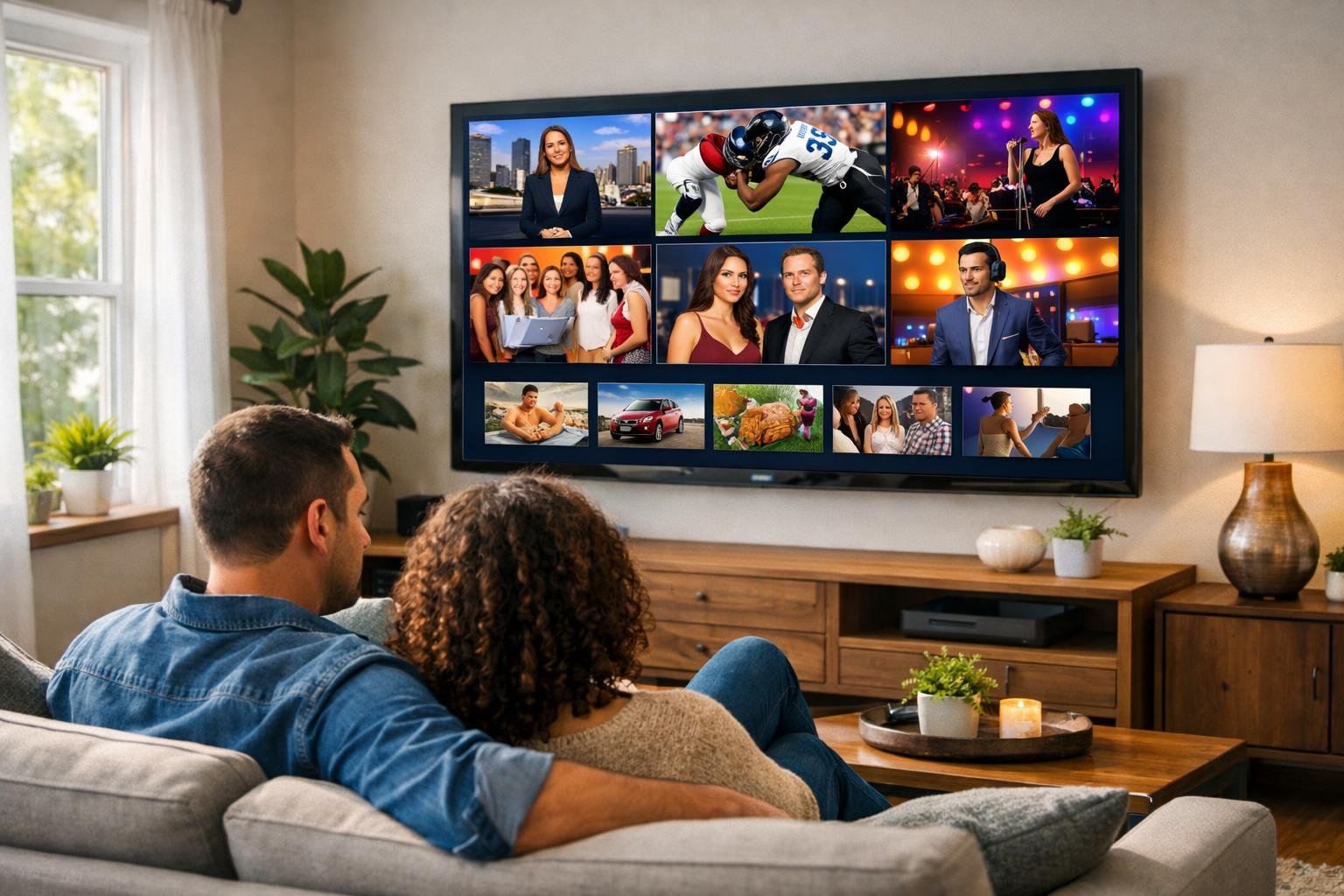 A living room with a large smart TV showing multiple live streaming channels, and two people sitting on a sofa watching television.
