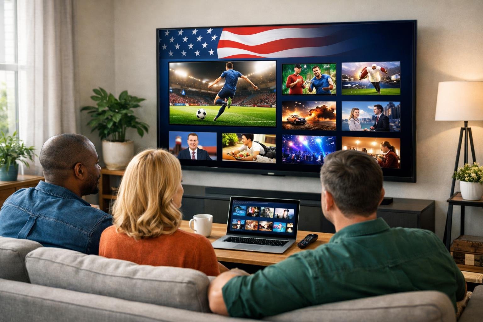 Three adults sitting on a sofa watching a large TV with a colorful streaming interface in a bright living room.