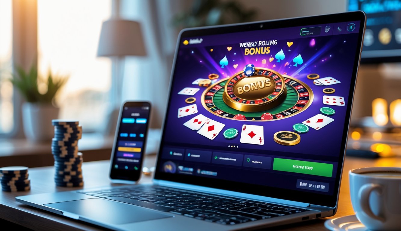 Sebuah ruangan dengan meja komputer menampilkan permainan poker online dengan kartu dan chip poker di sekitar layar.