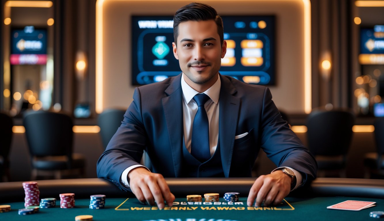 Seorang pria percaya diri duduk di meja poker dengan tumpukan chip dan kartu di kasino mewah.