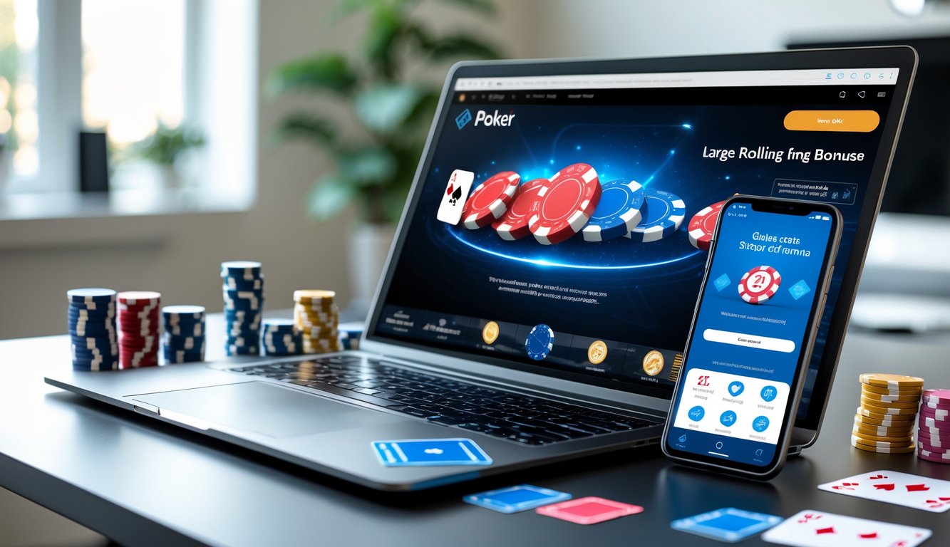 Sebuah meja dengan komputer menampilkan permainan poker online, dikelilingi chip poker dan kartu, di dalam ruangan yang terang dan rapi.