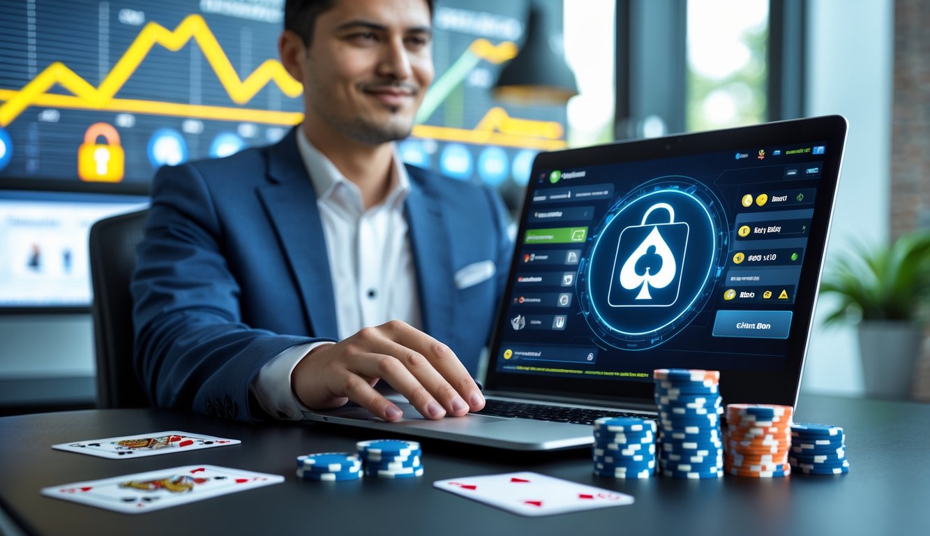 Seseorang duduk di meja dengan laptop yang menampilkan permainan poker online, dikelilingi chip dan kartu remi, di ruang kantor modern.