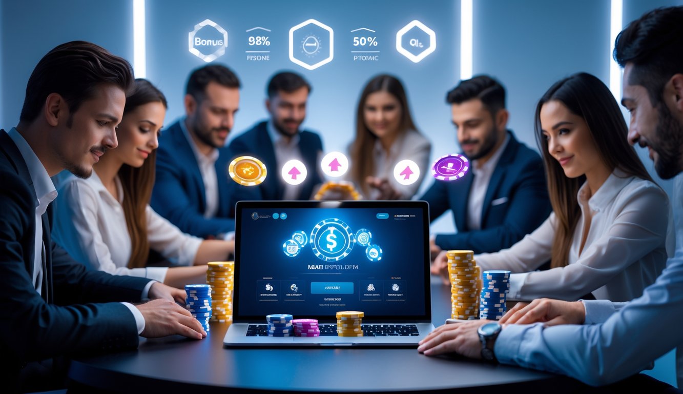 Orang-orang bermain poker online di depan laptop dengan tumpukan chip dan kartu di meja, menunjukkan suasana permainan yang serius dan adil.