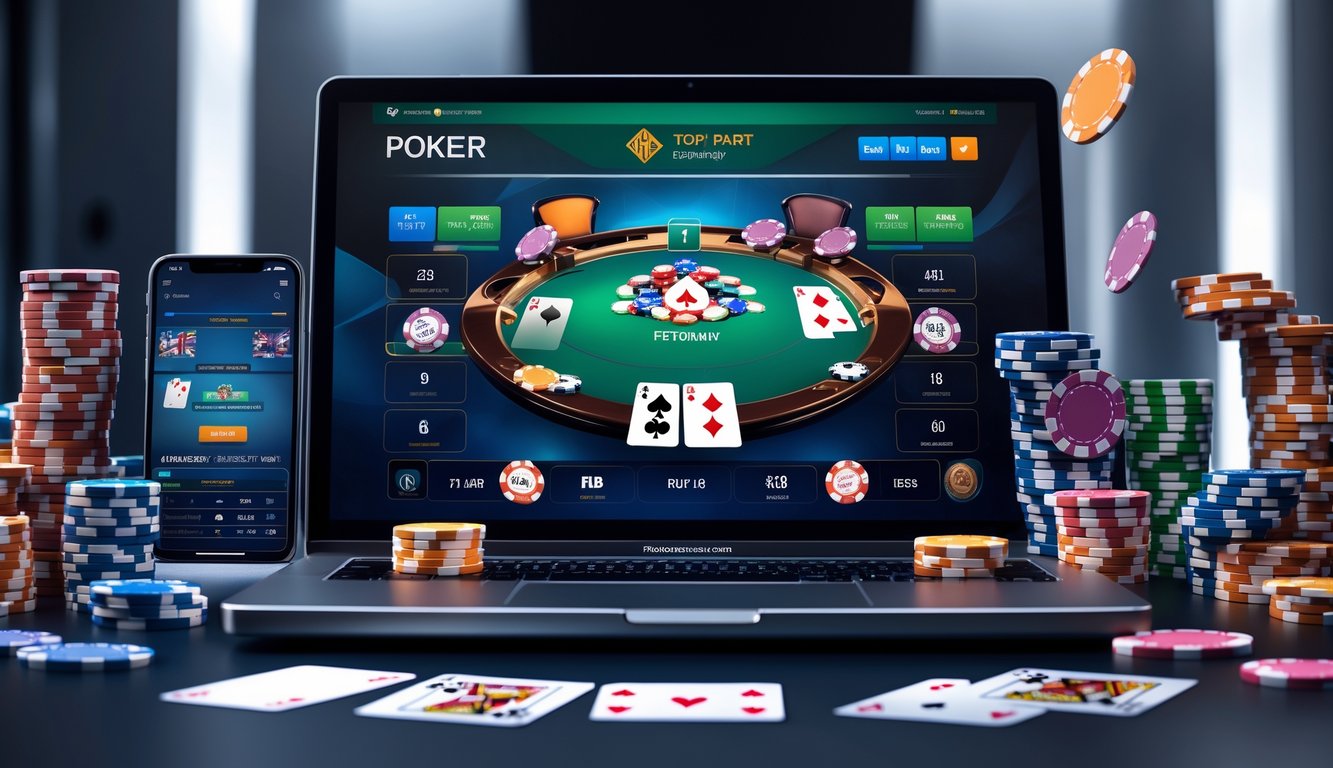 Sebuah meja dengan komputer dan ponsel menampilkan permainan poker online, dikelilingi tumpukan chip dan kartu remi.