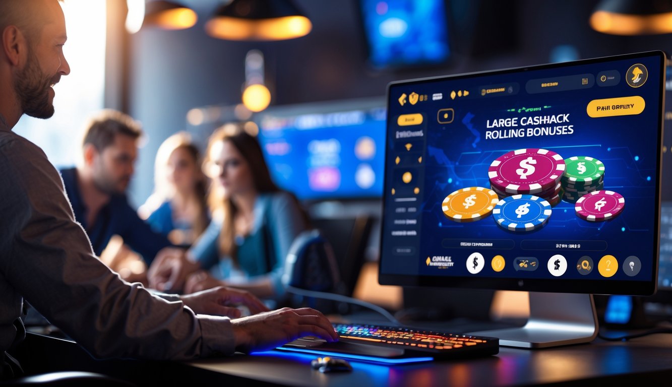 Seorang pemain poker online yang sedang bermain dengan komputer, menampilkan chip poker dan kartu di layar dengan suasana yang menunjukkan hadiah dan bonus besar.