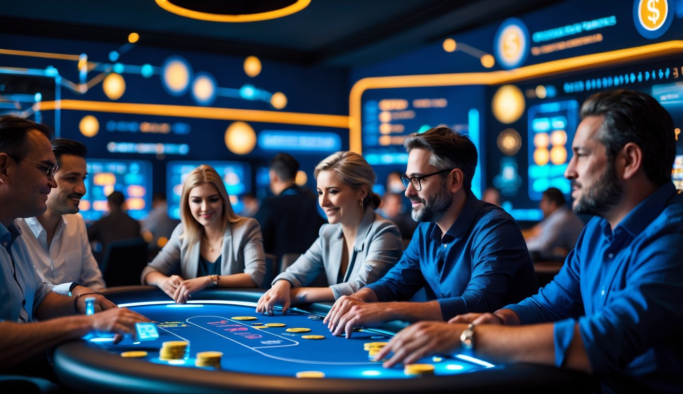 Sekelompok pemain poker online sedang bermain di meja digital dengan suasana yang dinamis dan penuh semangat.