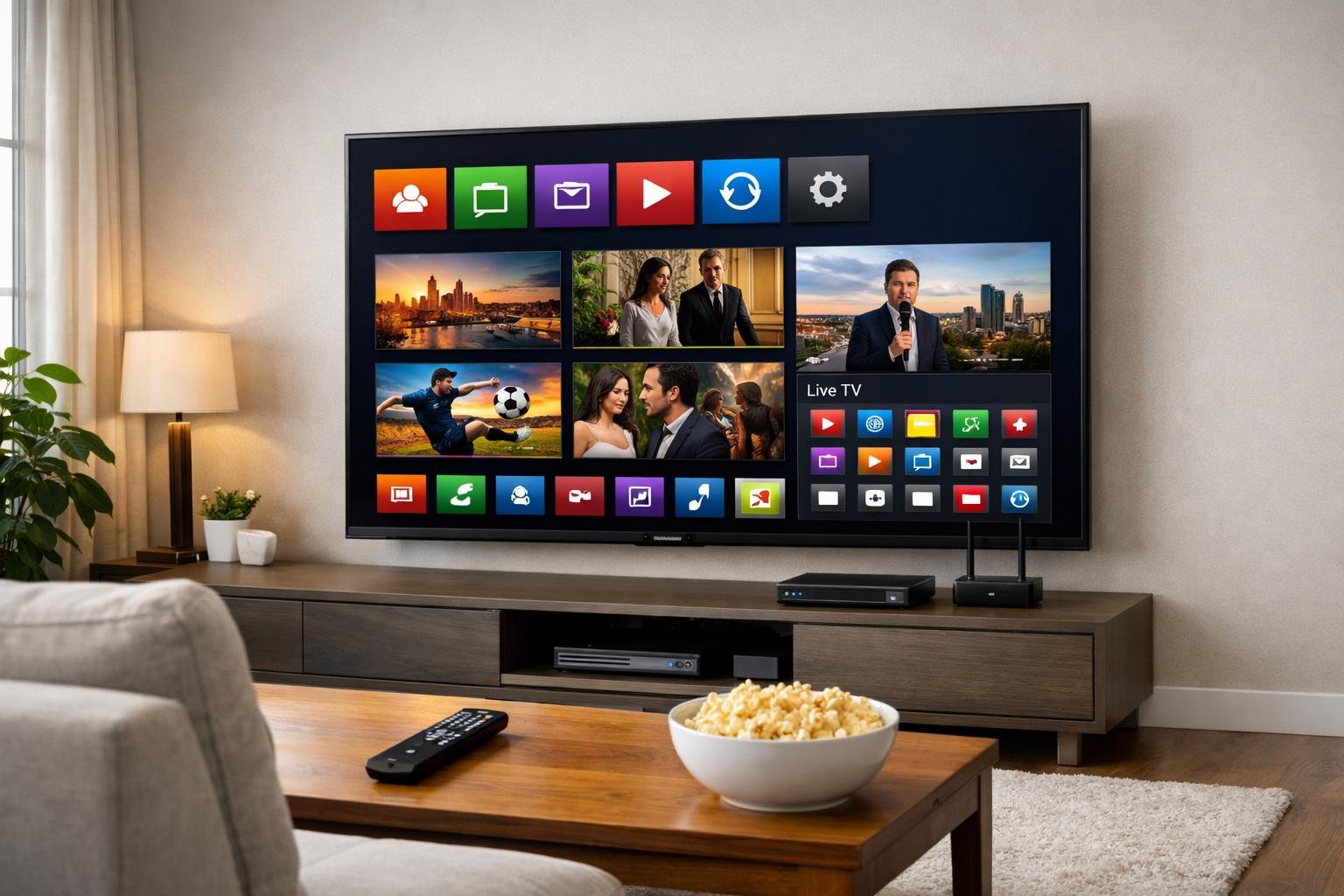 Ett modernt vardagsrum med en stor smart-TV på väggen som visar en IPTV-gränssnitt, en soffa, ett soffbord med en fjärrkontroll och snacks.