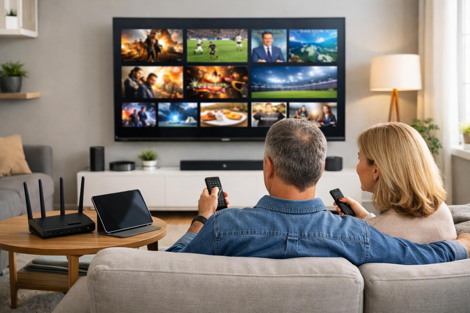 En modern vardagsrumsmiljö med en stor tv och människor som tittar på olika program via IPTV.