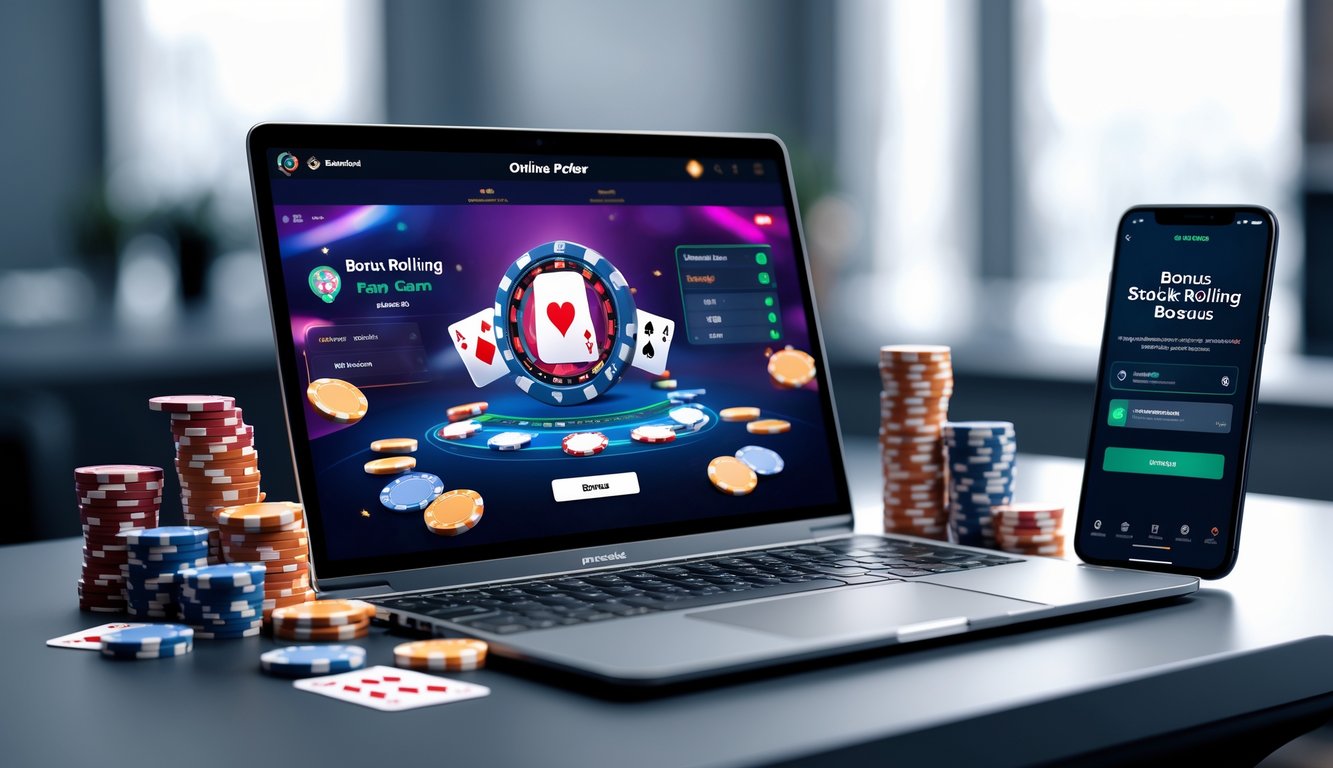 Meja kerja dengan laptop yang menampilkan permainan poker online, dikelilingi oleh chip poker dan kartu remi, serta ponsel yang menunjukkan notifikasi bonus.