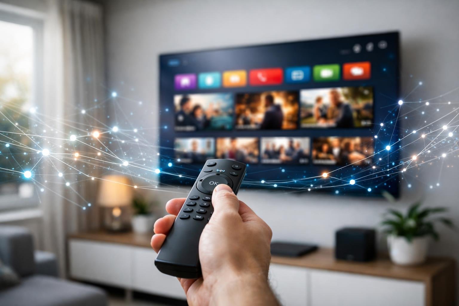 En person som använder en fjärrkontroll framför en stor TV i ett modernt vardagsrum med digitala nätverkssymboler runt TV.