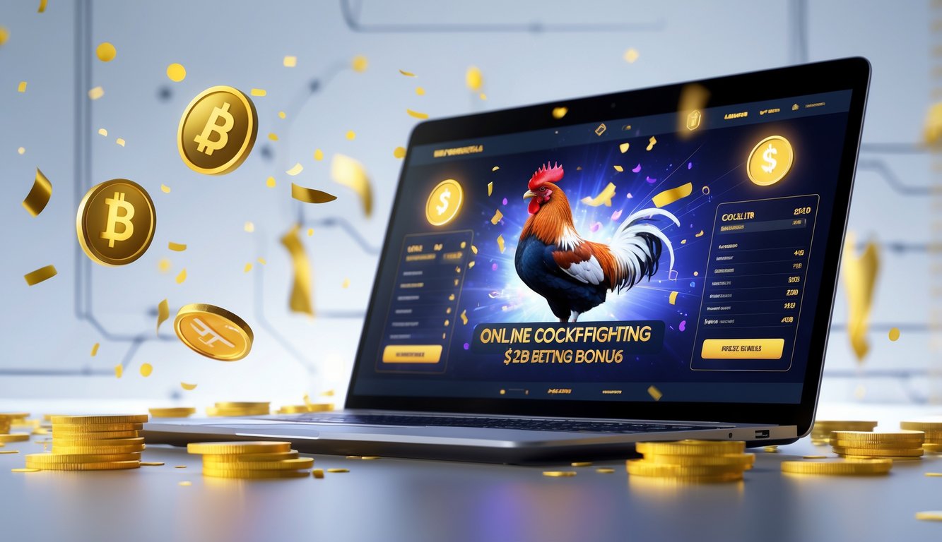 Seorang pria duduk di depan komputer dengan layar menampilkan situs taruhan sabung ayam online, dikelilingi ikon koin dan simbol bonus.