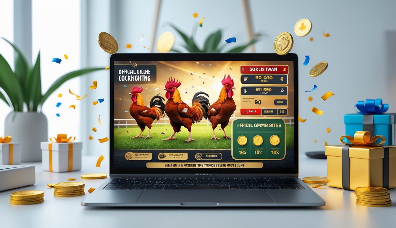 Seorang pengguna sedang melihat layar laptop dengan situs sabung ayam online resmi, menampilkan animasi ayam jago dan elemen bonus di meja kerja yang rapi.