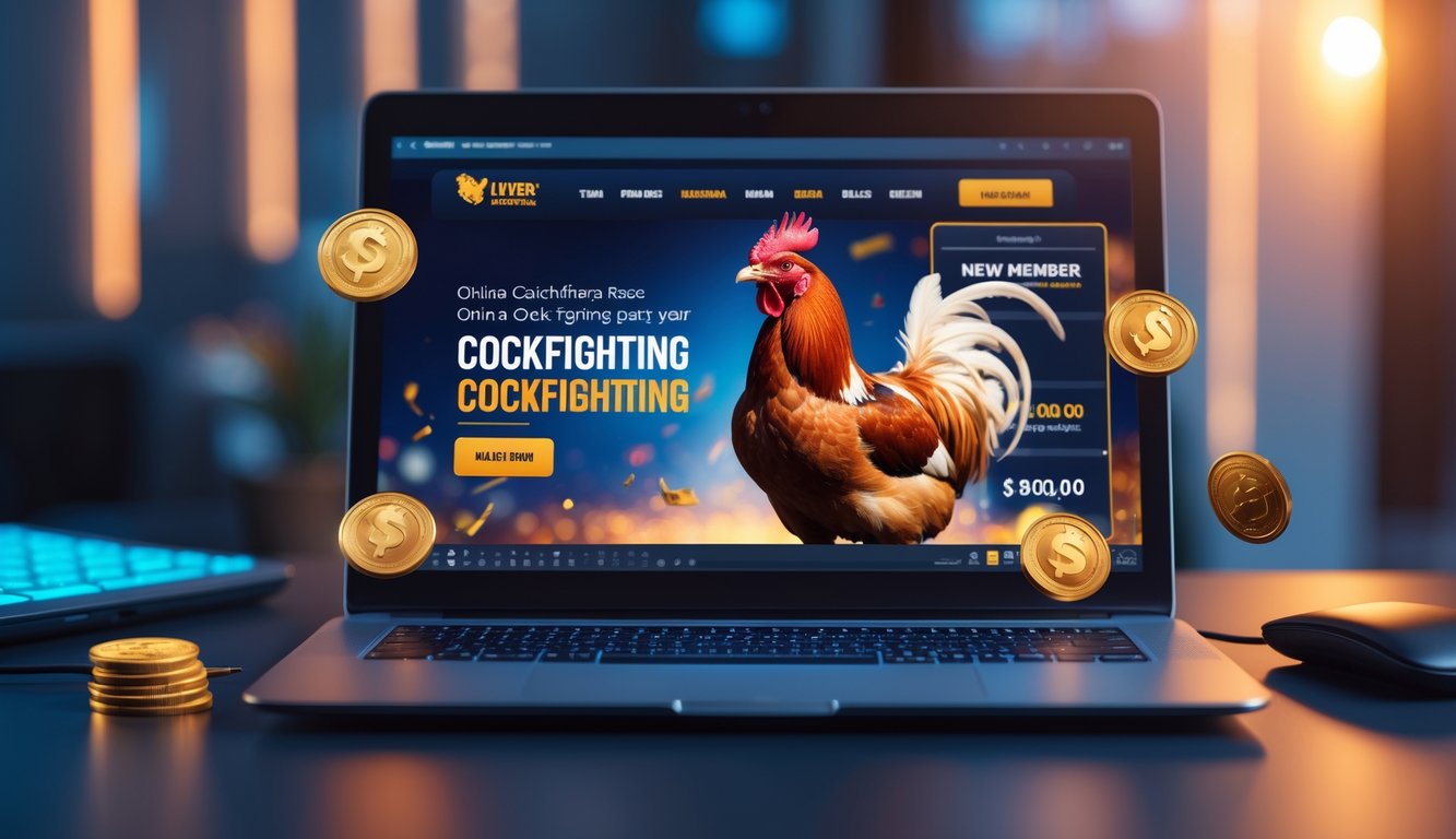 Seorang pengguna sedang melihat situs web taruhan sabung ayam online di laptop dengan suasana yang hangat dan profesional.