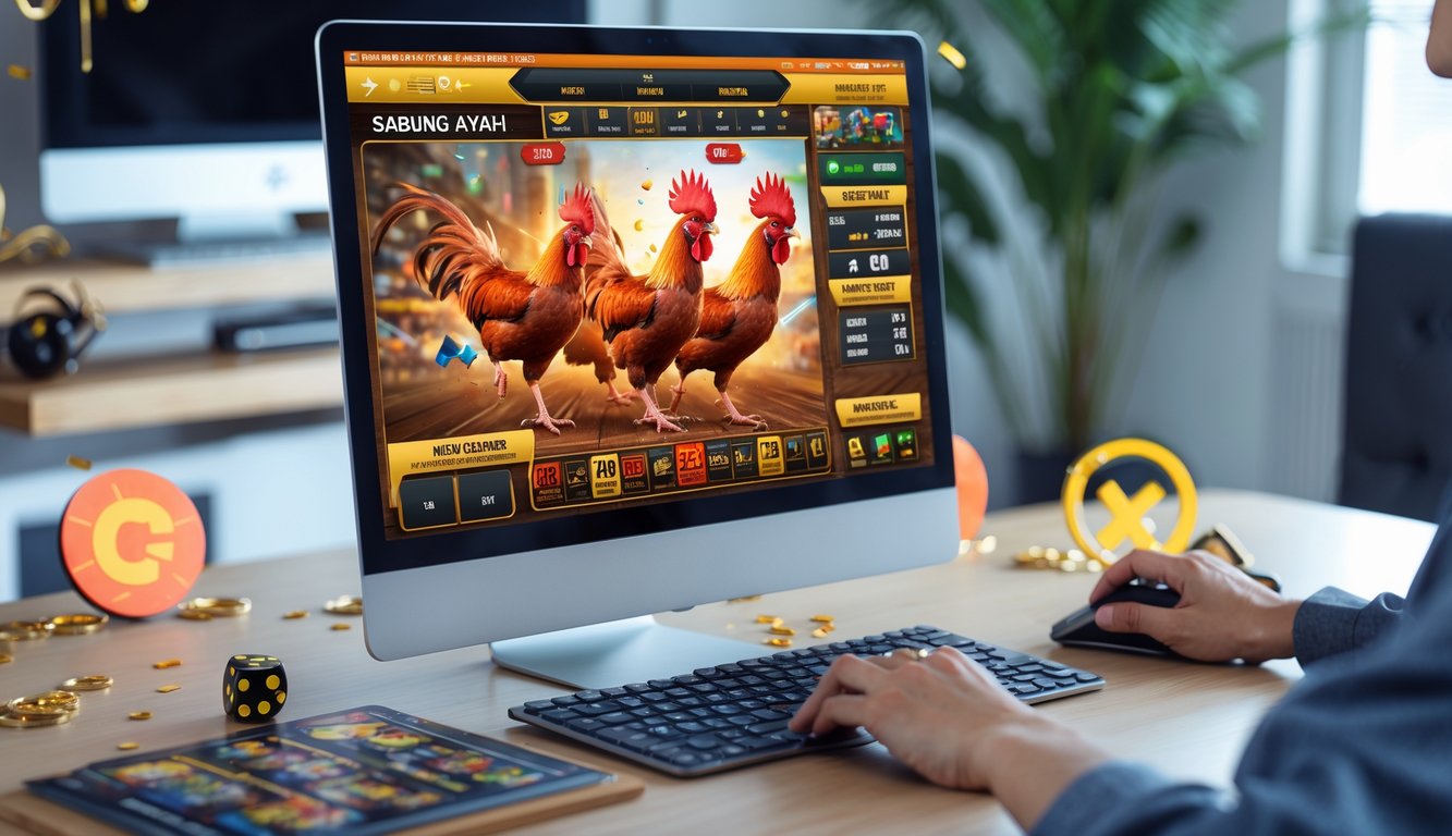 Seorang pemain muda menggunakan komputer untuk bertaruh sabung ayam online dengan grafik ayam jago yang sedang bertarung di layar.