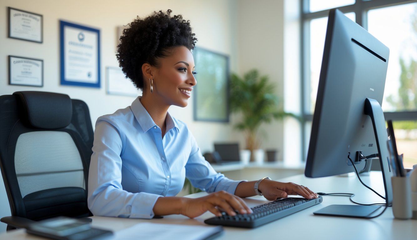 Seorang petugas layanan pelanggan yang ramah sedang berinteraksi dengan anggota baru di kantor yang rapi dan terang.