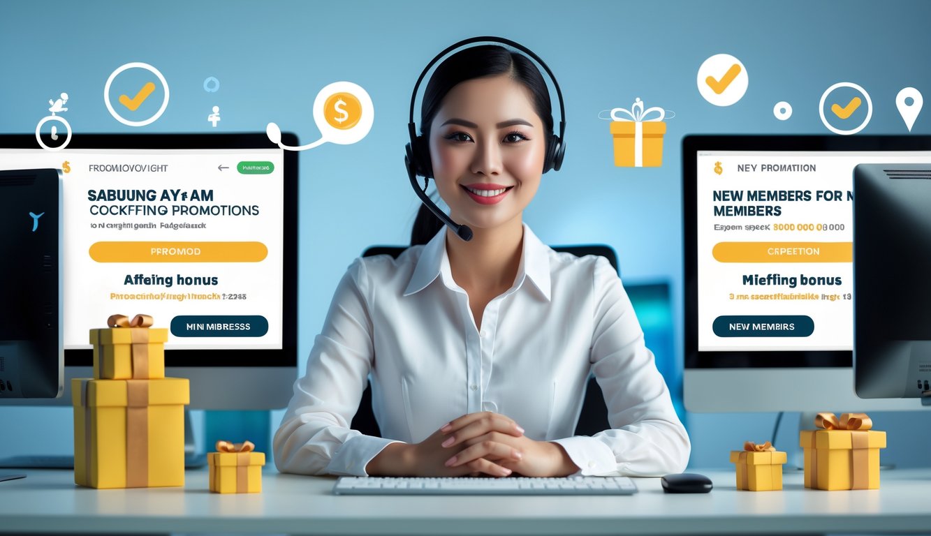 Seorang perwakilan layanan pelanggan yang ramah duduk di depan komputer dengan layar menampilkan promosi bonus untuk anggota baru agen sabung ayam terpercaya.