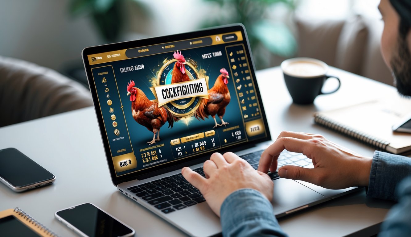 Seseorang menggunakan laptop di meja kerja dengan tampilan situs taruhan sabung ayam online di layar.