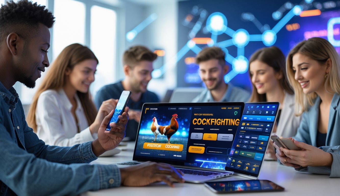 Beberapa orang muda menggunakan perangkat digital dalam suasana kerja modern yang cerah, fokus pada aktivitas taruhan online.