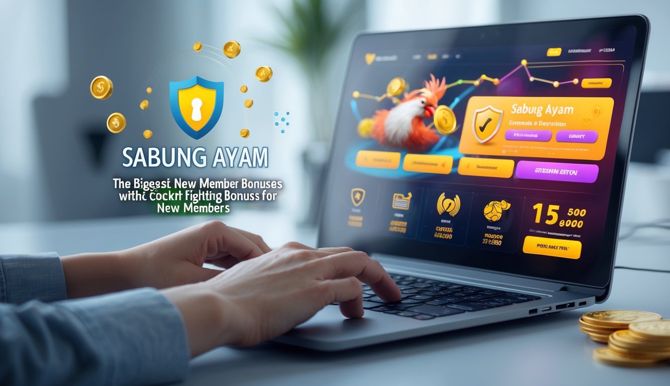 Seseorang menggunakan laptop di meja kerja dengan tampilan situs taruhan sabung ayam online yang aman dan menawarkan bonus anggota baru.