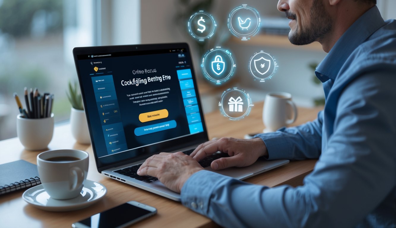 Seorang pria menggunakan laptop di ruang kerja modern dengan ikon digital yang melambangkan transaksi online dan keamanan di sekitarnya.