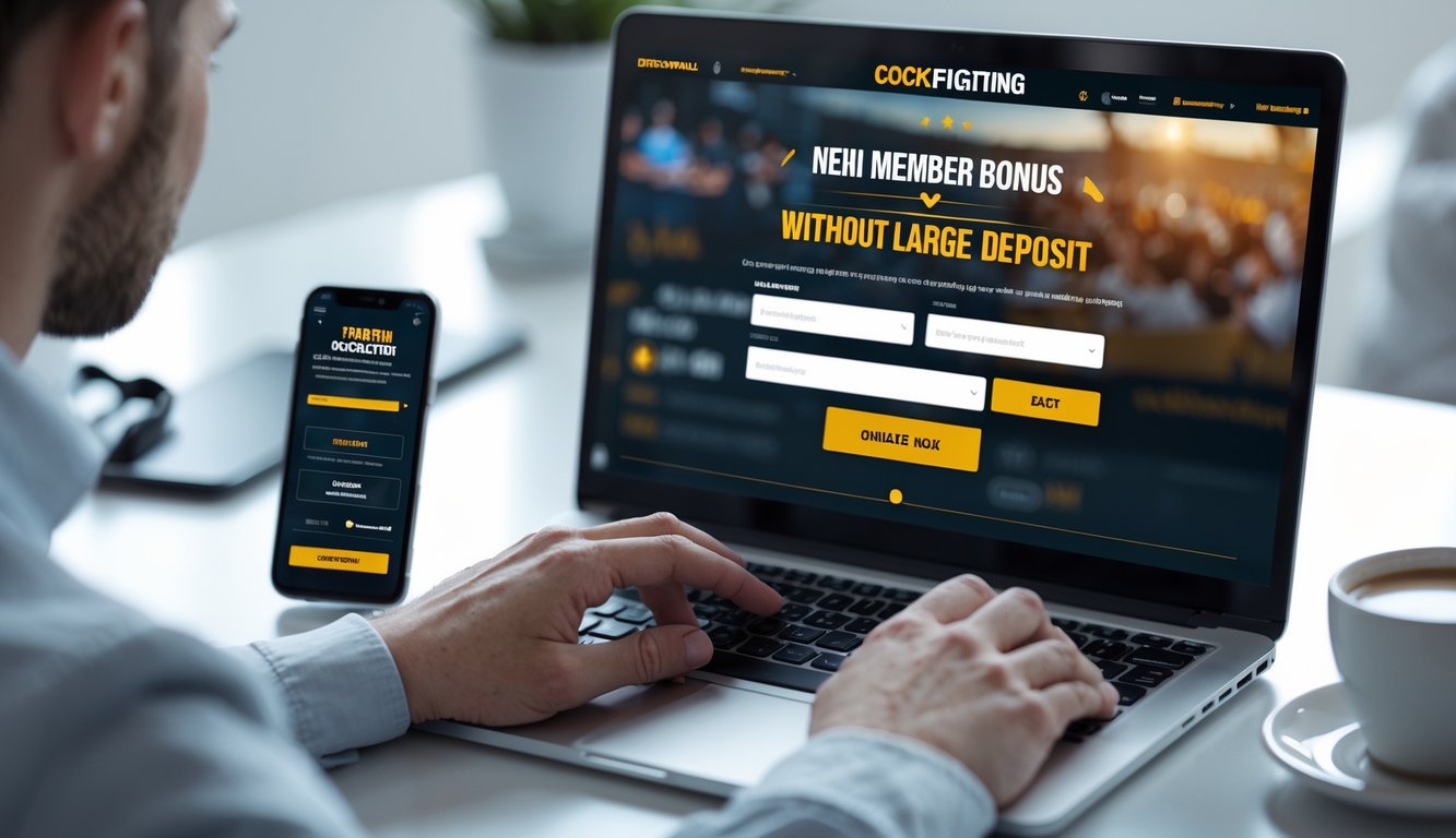 Seseorang sedang menggunakan laptop di meja kerja modern untuk mendaftar akun baru secara online dengan ponsel dan kopi di samping.