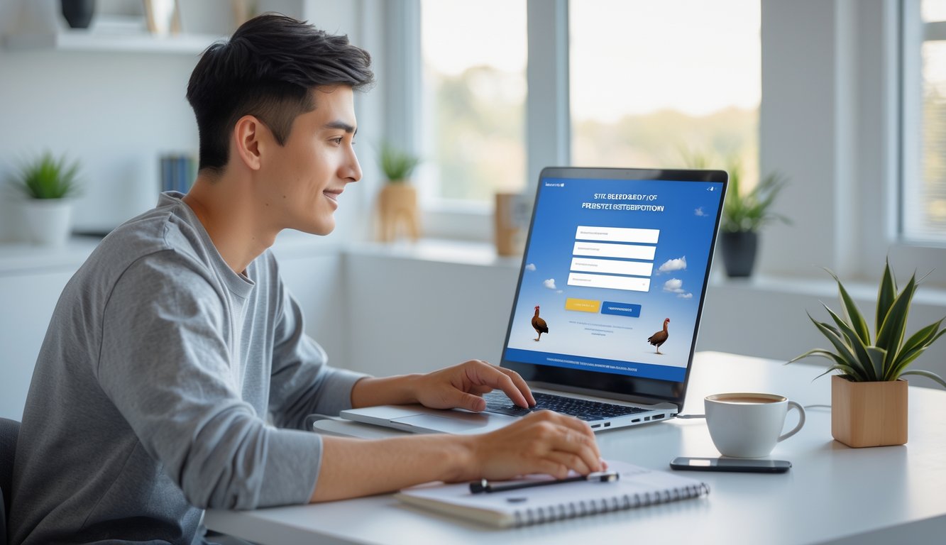 Seseorang duduk di meja dengan laptop, sedang mendaftar akun online di ruang kerja yang terang dan rapi.