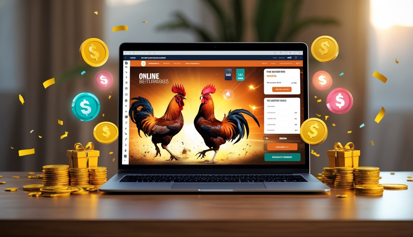 Seseorang menggunakan laptop dengan gambar ayam aduan di layar, dikelilingi oleh simbol koin dan hadiah digital di meja kayu.