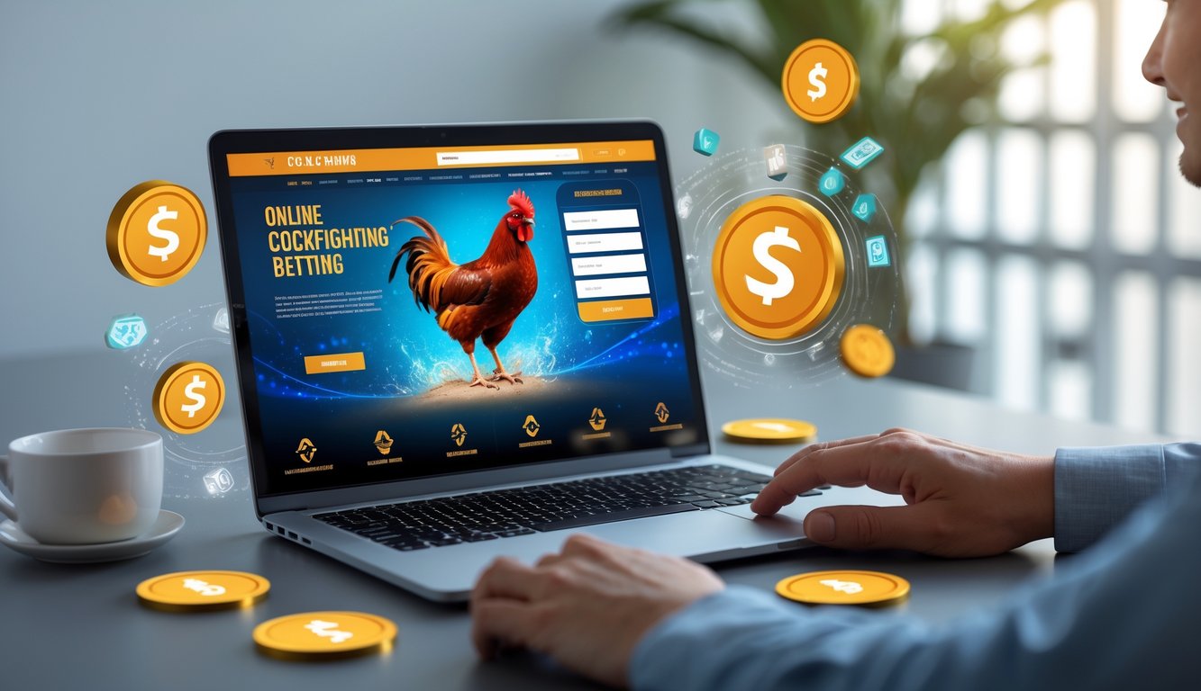 Seorang pengguna duduk di depan laptop dengan tampilan situs taruhan sabung ayam online, dikelilingi oleh simbol bonus dan elemen taruhan digital.