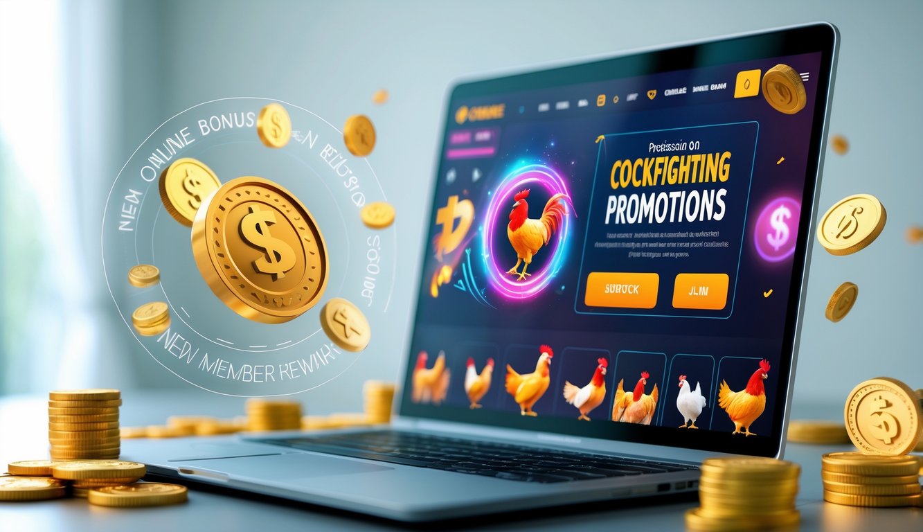 Seorang pengguna sedang melihat layar komputer yang menampilkan grafis terkait promo sabung ayam online dengan elemen bonus dan hadiah di sekitarnya.