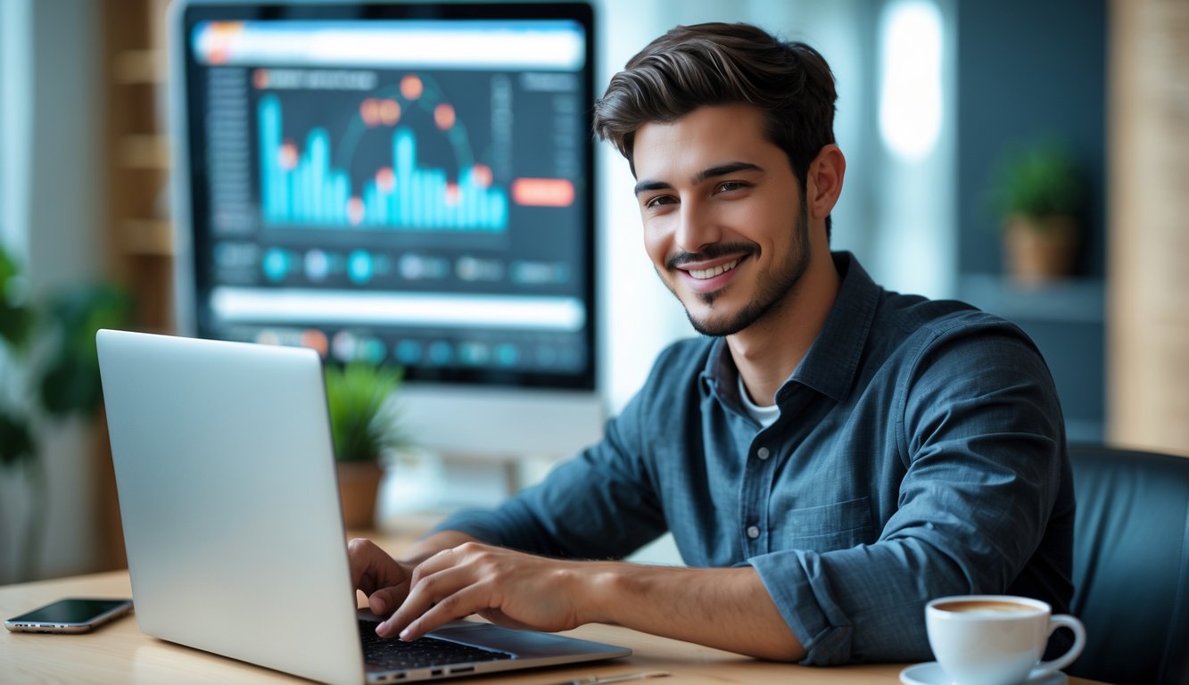 Seorang pria muda tersenyum menggunakan laptop di ruang kerja rumah yang terang dan modern.