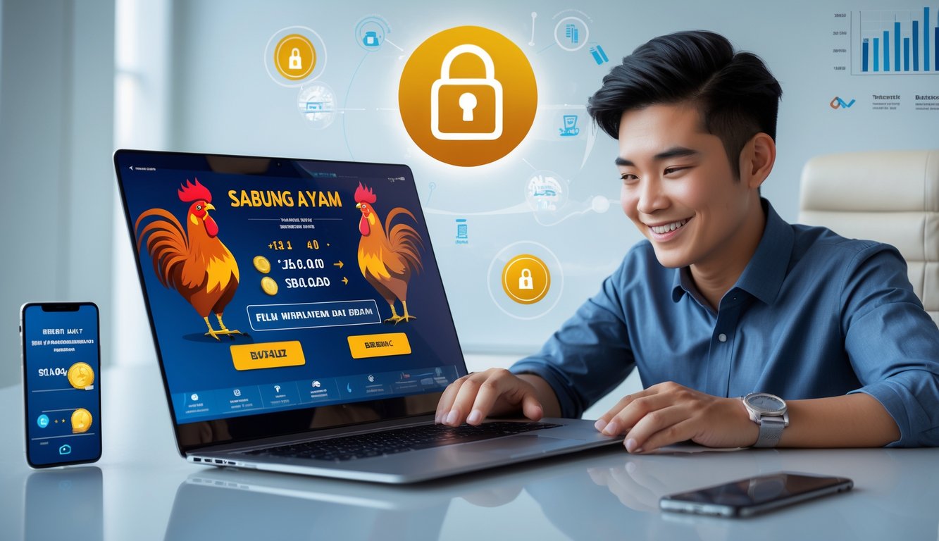 Seseorang menggunakan laptop dan ponsel di meja kerja dengan tampilan platform taruhan sabung ayam online yang menunjukkan keberhasilan penarikan dan bonus anggota baru.