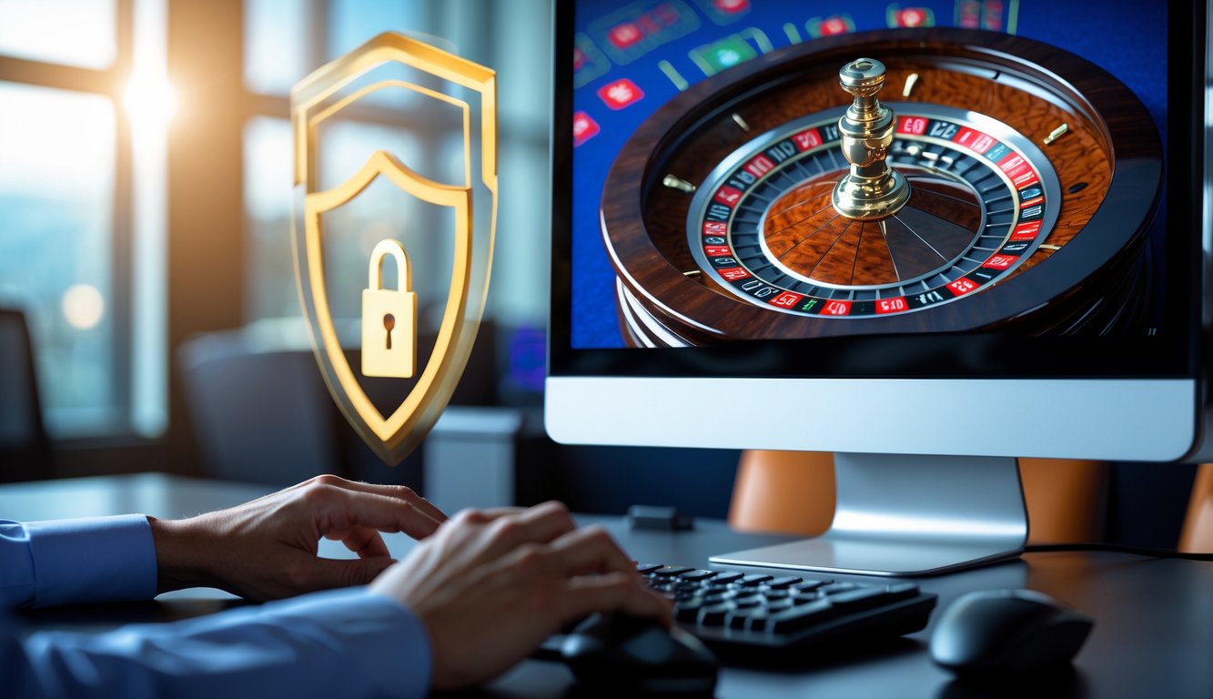 Seseorang sedang bermain roulette online di komputer dengan latar kantor yang terang dan simbol keamanan di sekitar layar.