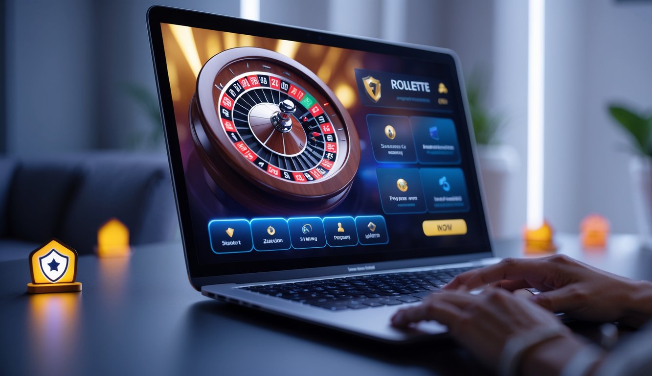 Sebuah komputer menampilkan permainan roulette online dengan roda roulette digital yang berputar, dikelilingi oleh simbol keamanan di latar belakang.