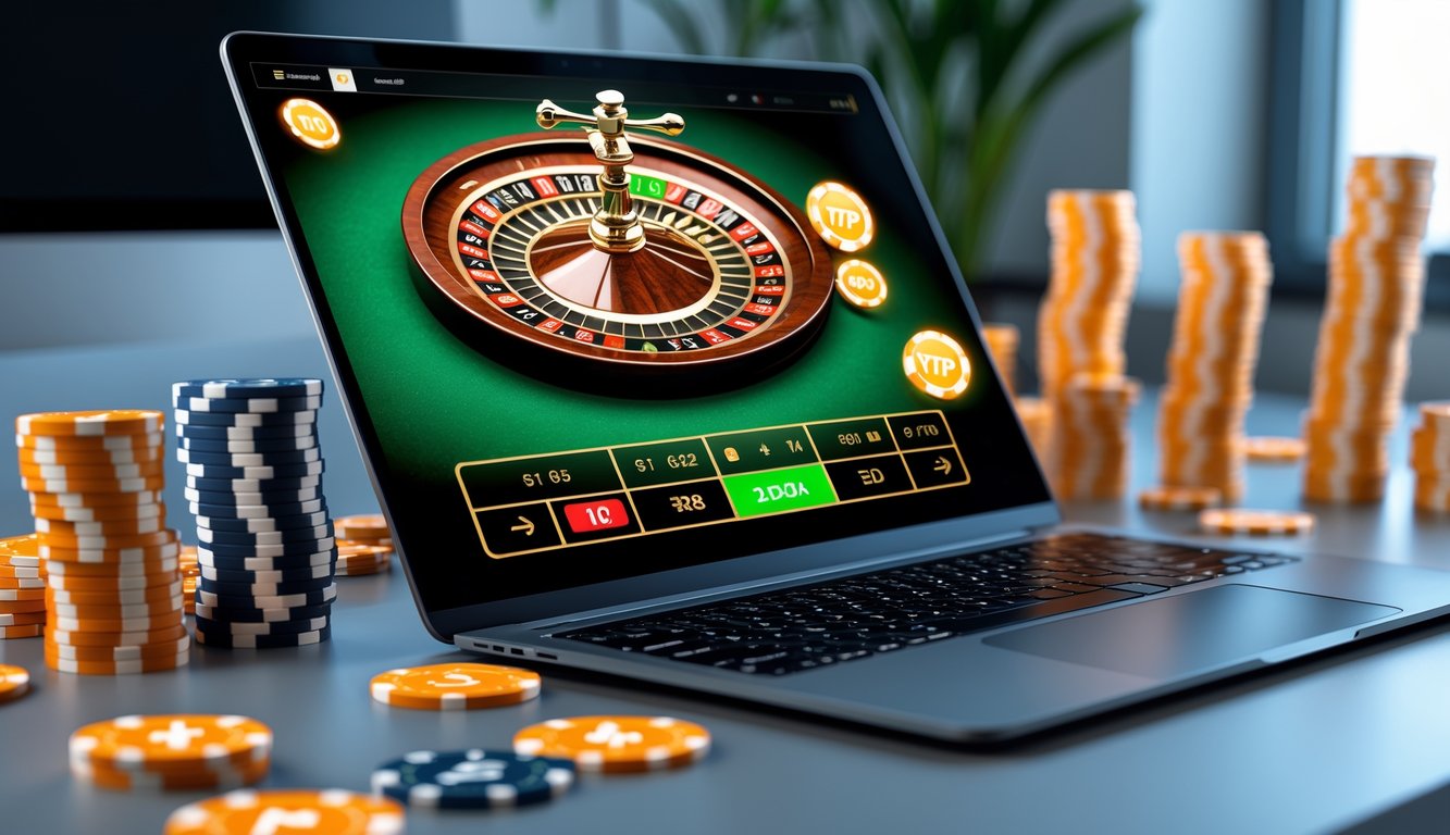 Sebuah laptop menampilkan roda roulette online dengan tumpukan chip kasino di meja modern.