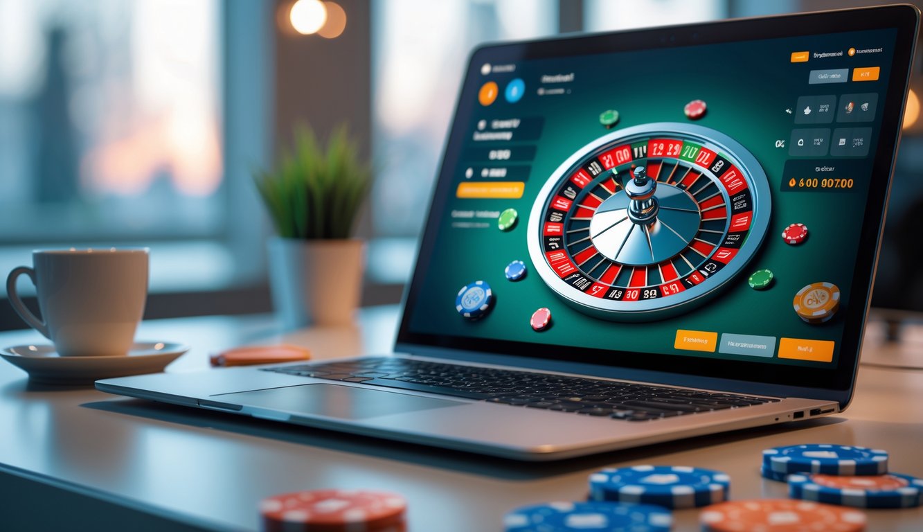 Sebuah meja dengan komputer menampilkan roda roulette digital dan chip warna-warni dalam suasana yang modern dan profesional.