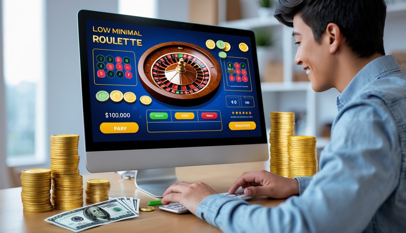 Seorang pengguna muda sedang bermain permainan roulette online di komputer dengan suasana rumah yang nyaman dan elemen uang di sekitar layar.